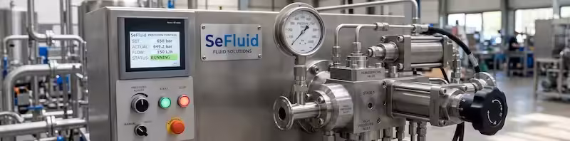 جهاز التجنيس عالي الضغط 1 Close-up of the high pressure homogenizing valve on a SeFluid machine showing precise pressure controls | SeFluid